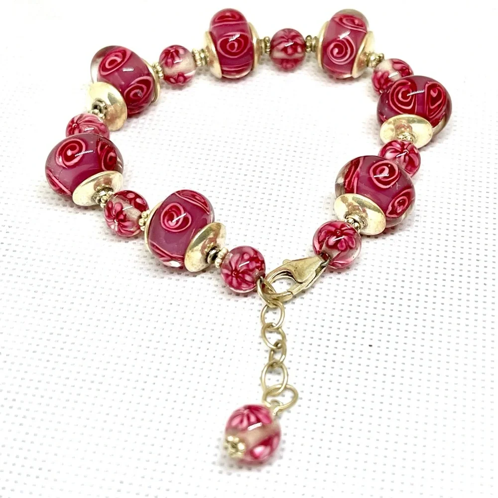925 Pink Roses Bracelet Beautiful Eye Catching Bright Sterling Silver